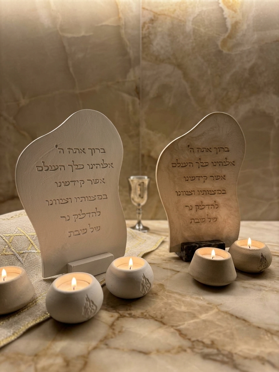 סט ברכת נרות שבת על שיש עם נרות דולקים