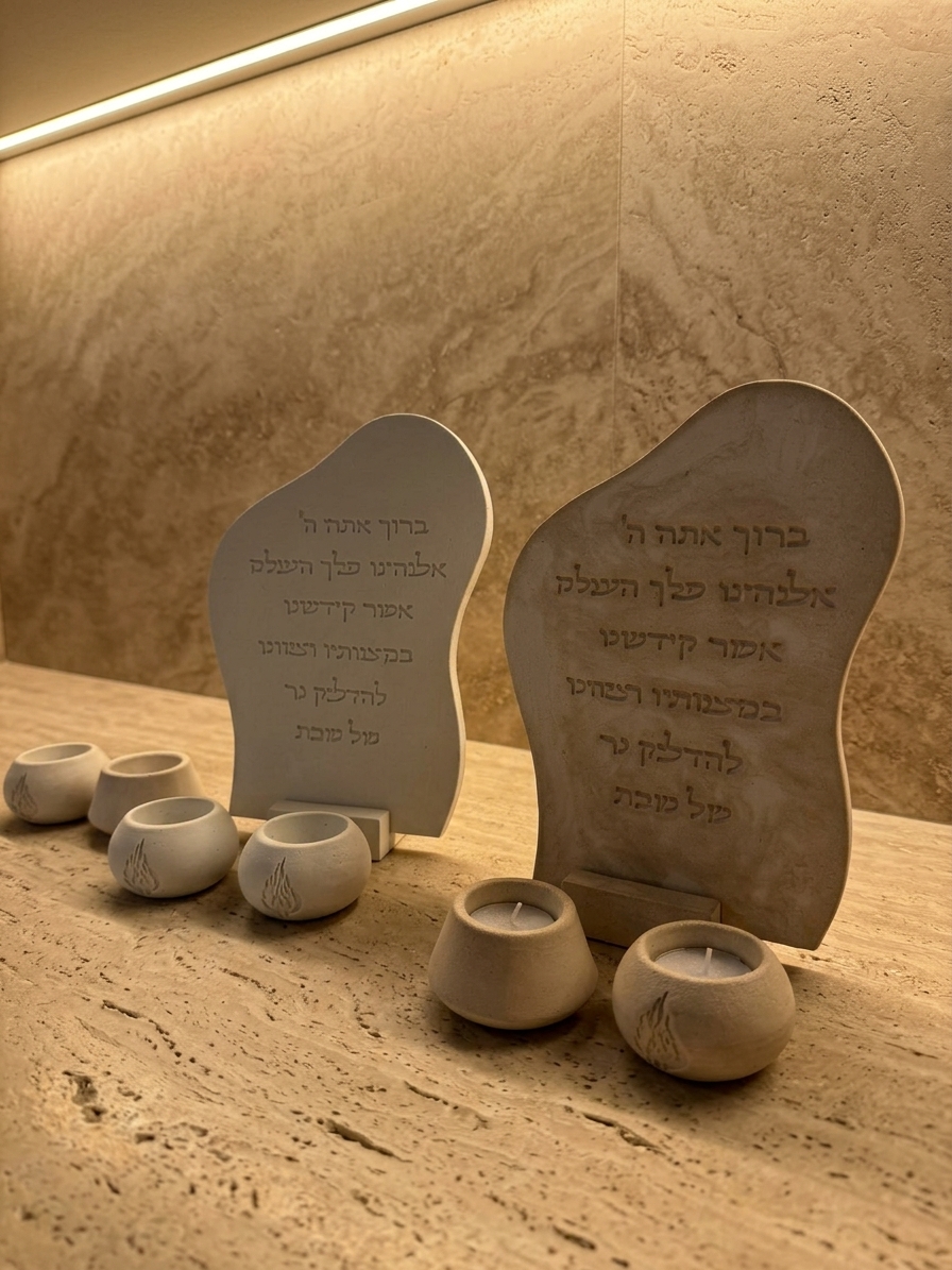 סט ברכת נרות שבת על מדף טרוורטין